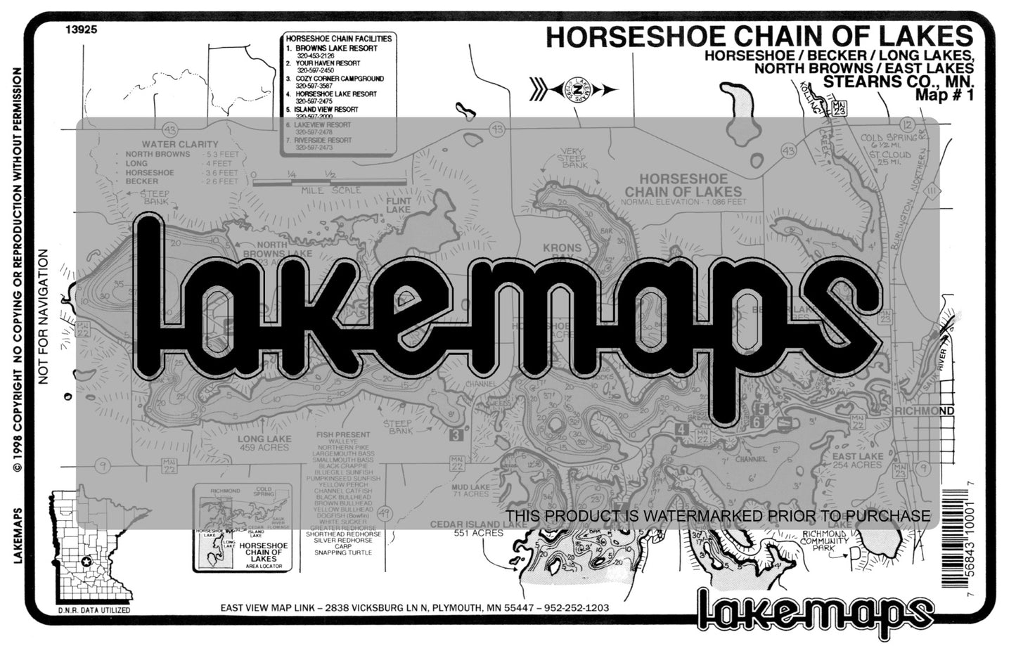 Stearns County, MN - HORSESHOE CHAIN - Map 1 - Horseshoe / Long / N Browns / Mud / Becker - Lakemap - 13925