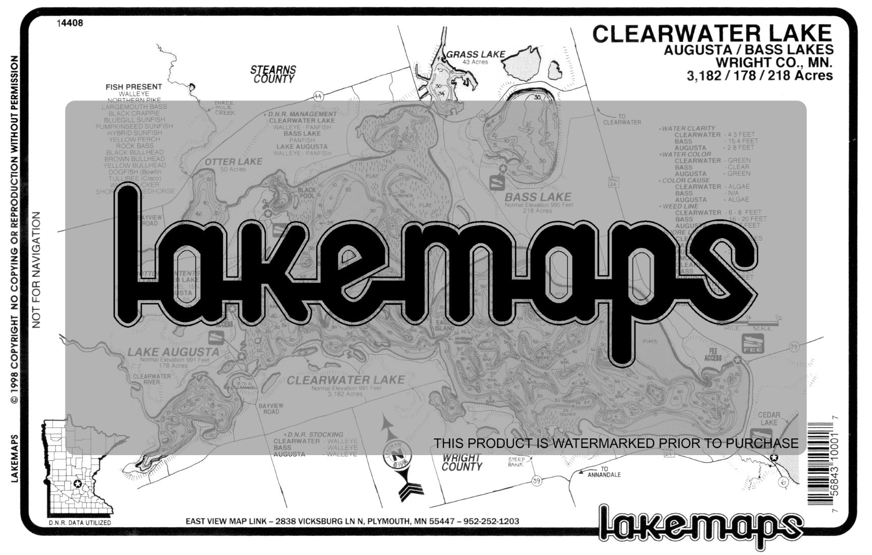 Wright County, MN - CLEARWATER / Augusta / Bass / Otter / Grass - Lakemap - 14408