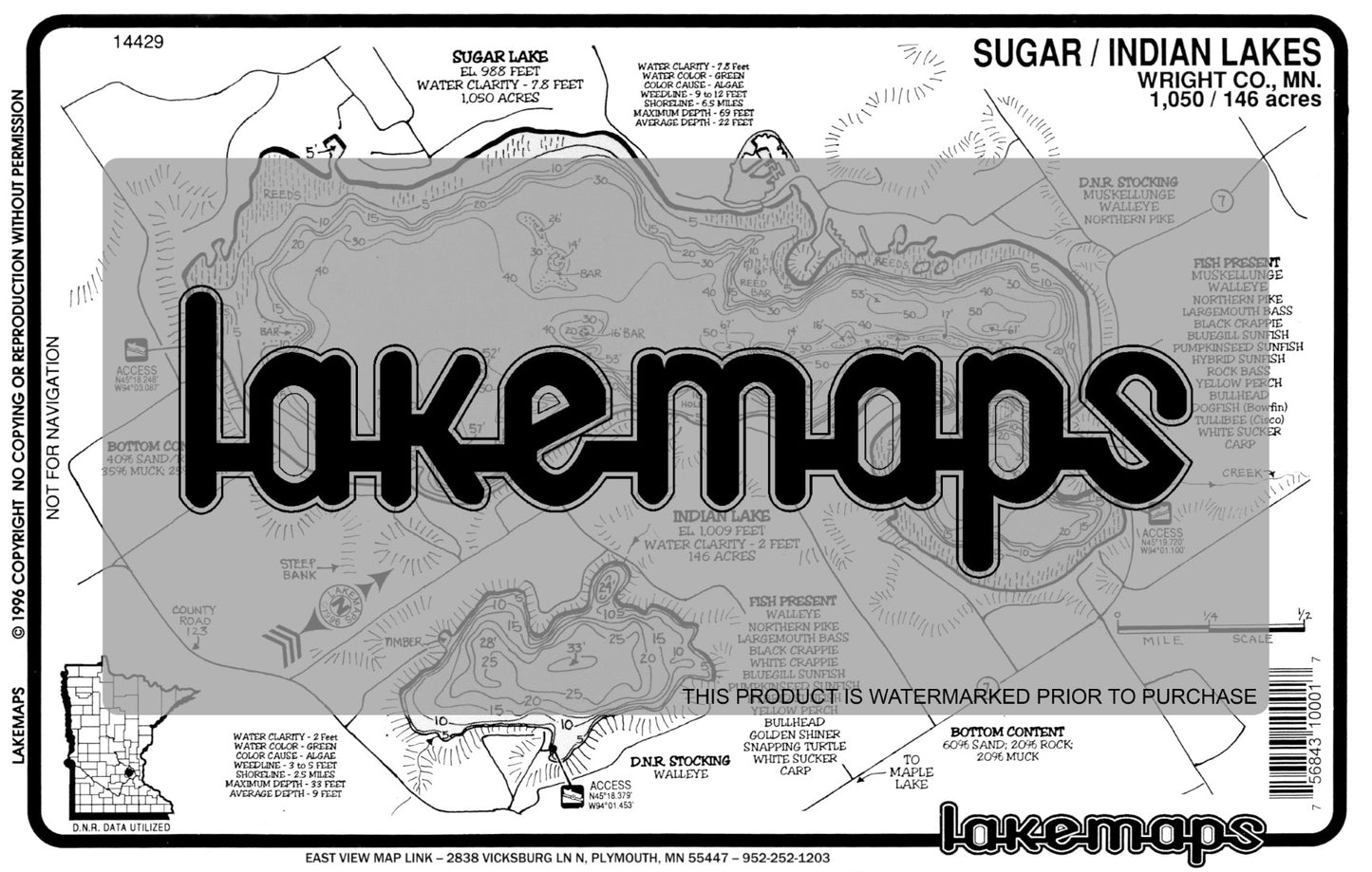 Wright County, MN - SUGAR / Indian - Lakemap - 14429