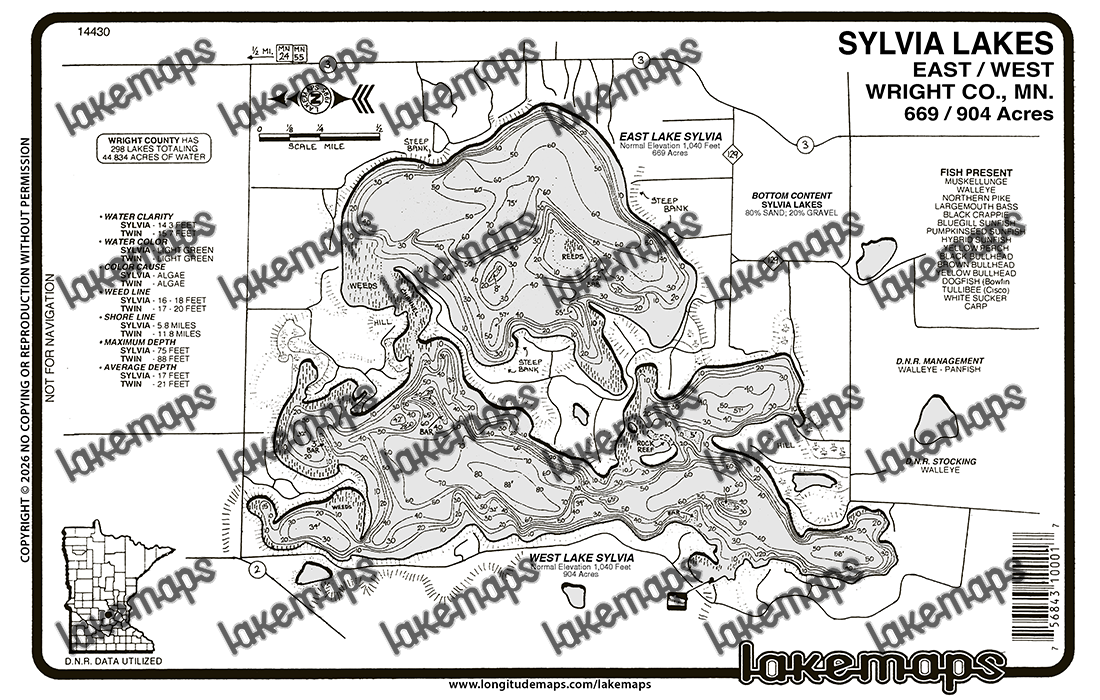 Wright County, MN - SYLVIA, East/West - Lakemap - 14430