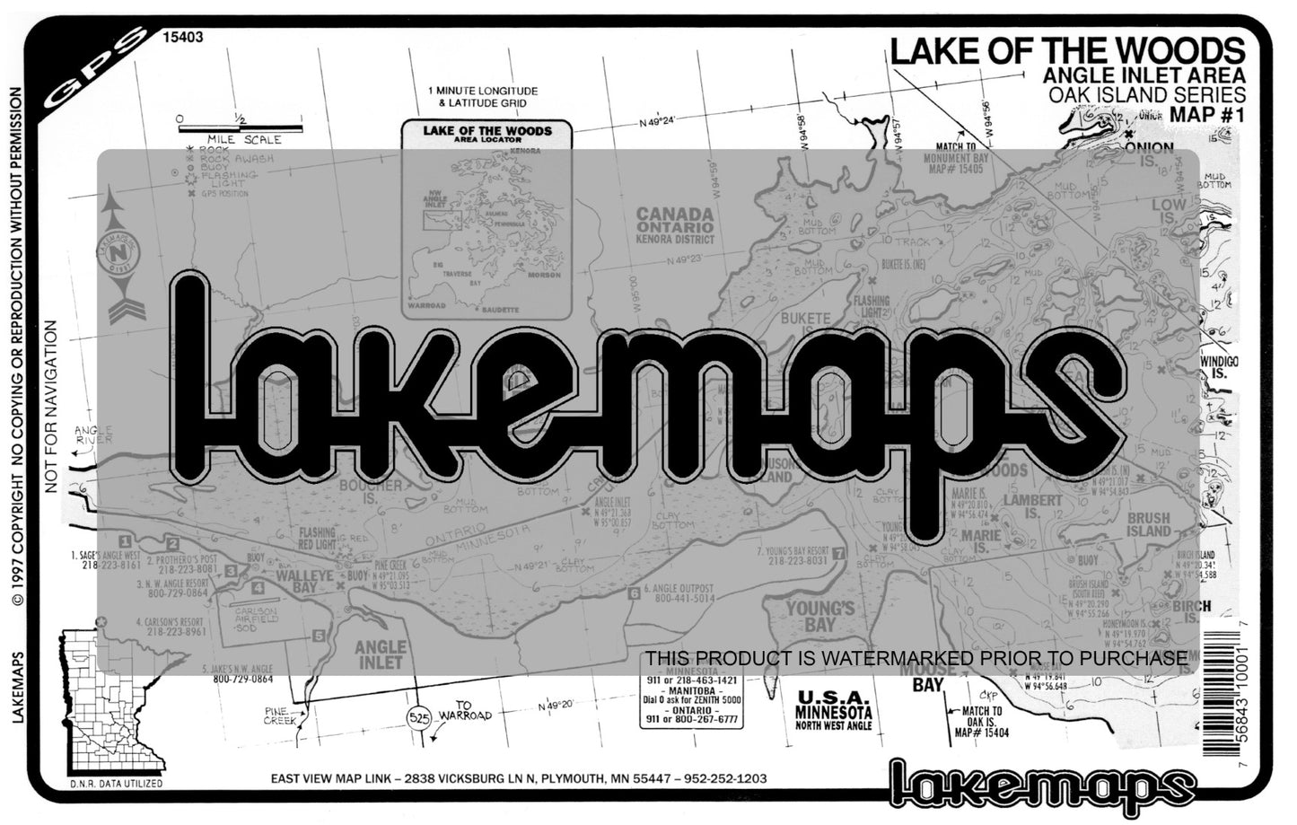 Lake of the Woods County, MN - Oak Island - map 1 -NW Angle Inlet (GPS) - Lakemap - 15403