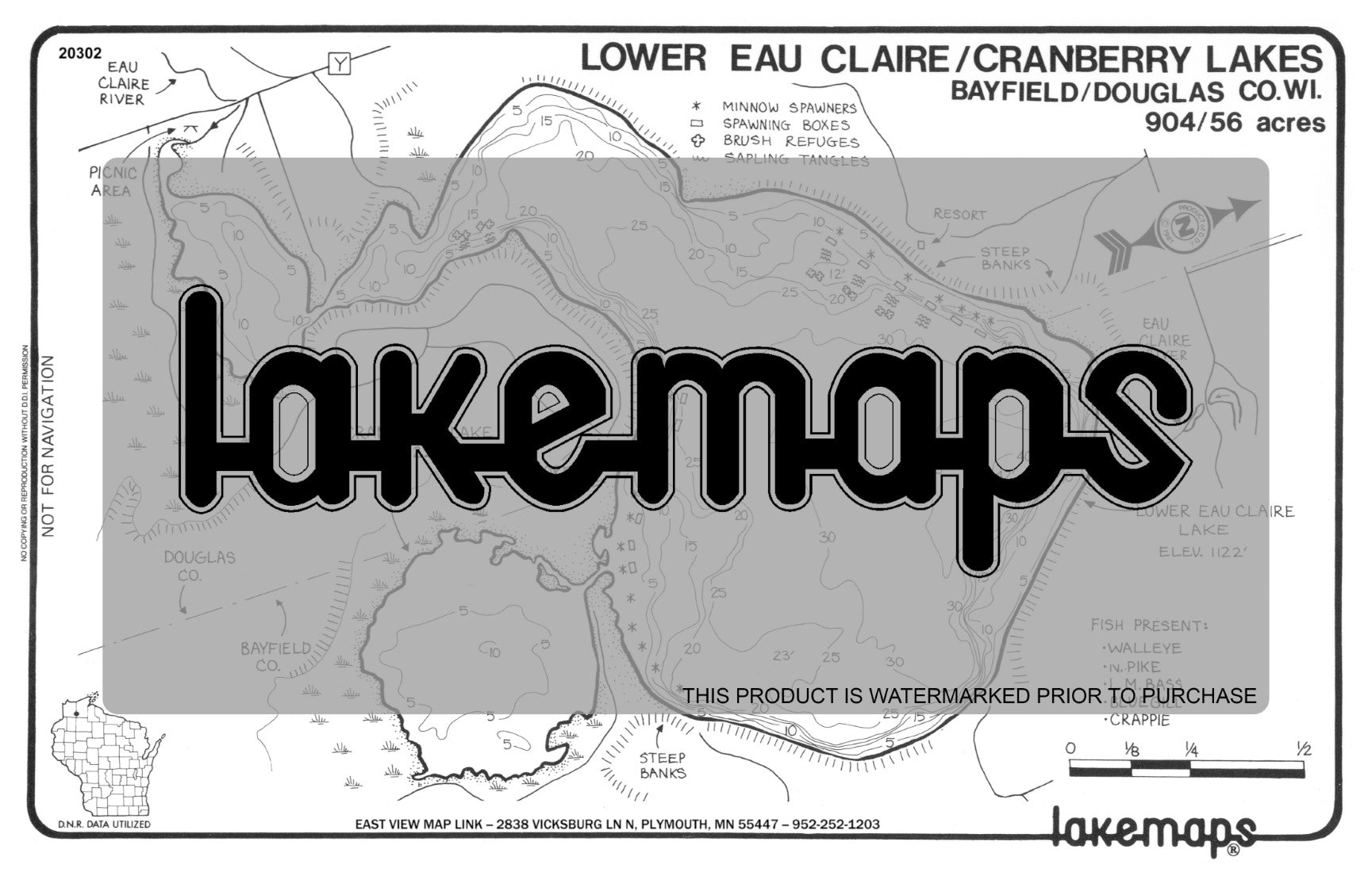 Bayfield County, WI - EAU CLAIRE, Lower - Lakemap - 20302
