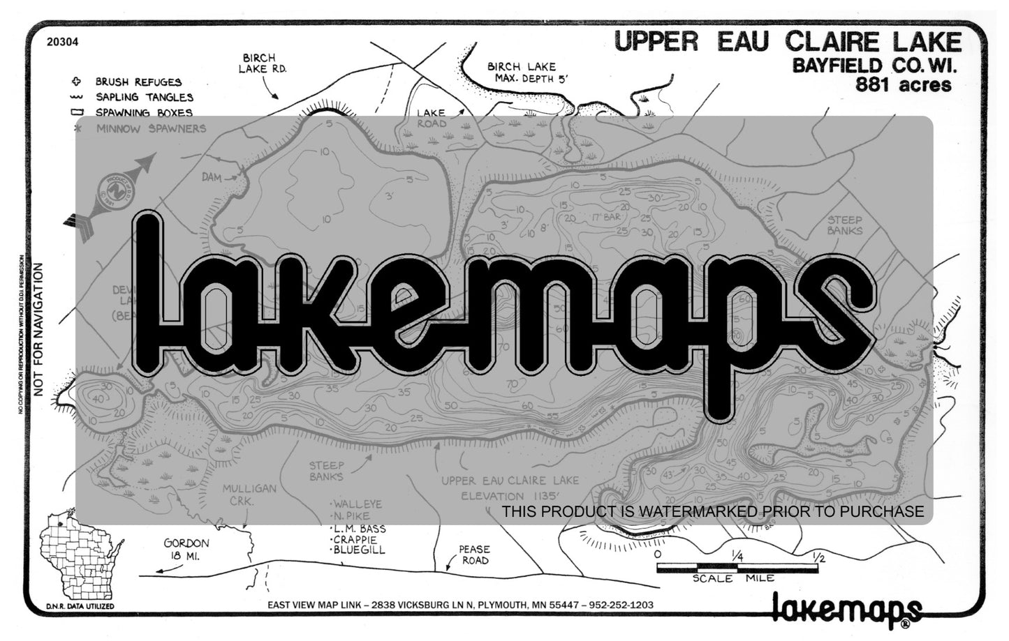 Bayfield County, WI - EAU CLAIRE, Upper - Lakemap - 20304