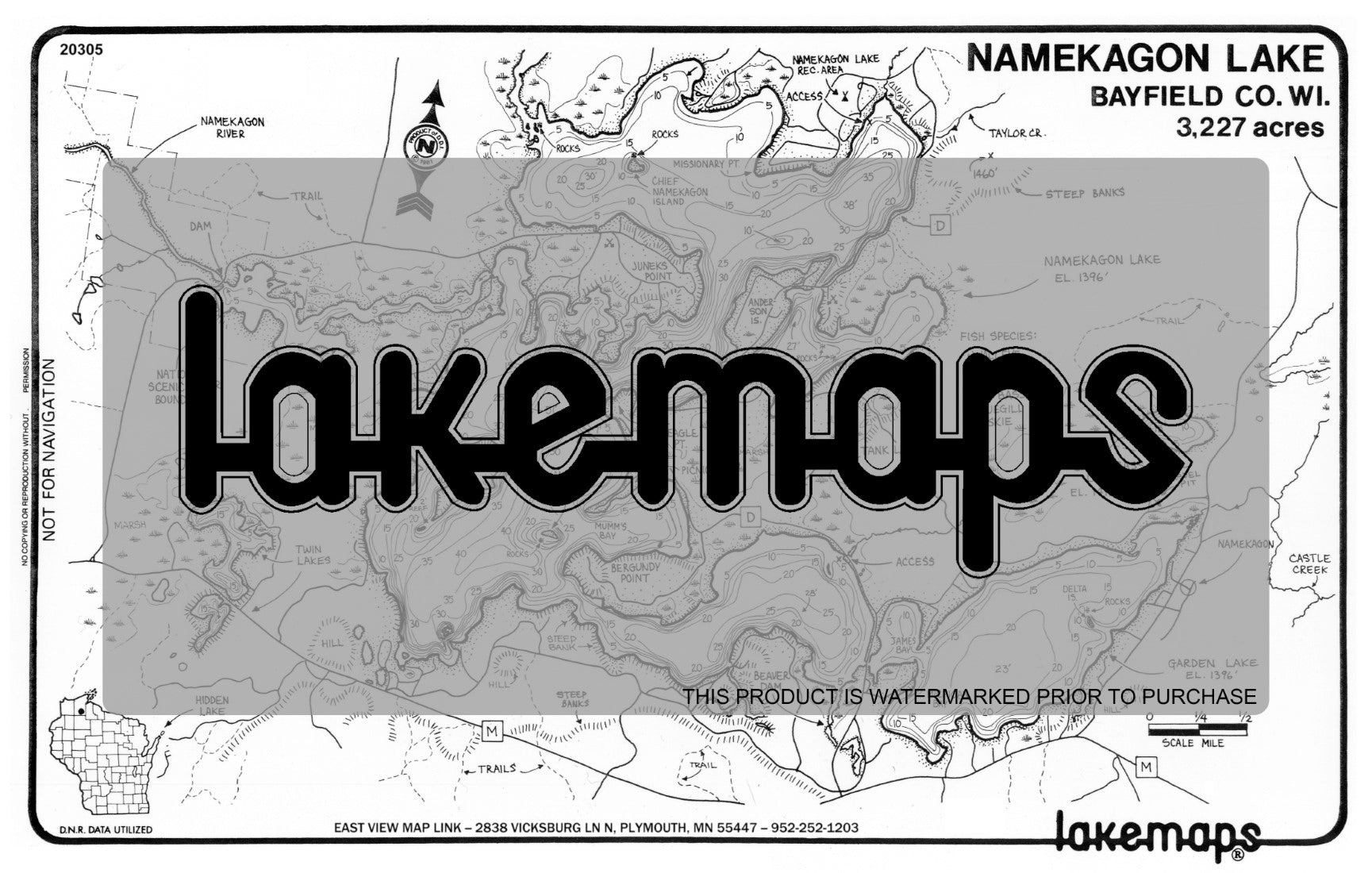 Bayfield County, WI - NAMEKAGON - Lakemap - 20305