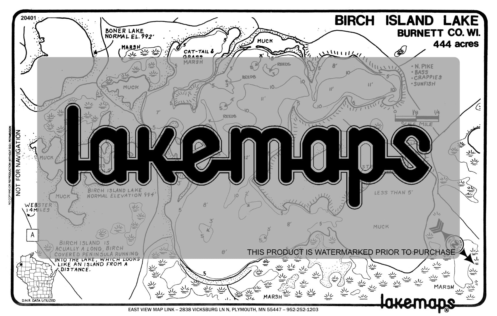 Burnett County, WI - BIRCH ISLAND - Lakemap - 20401