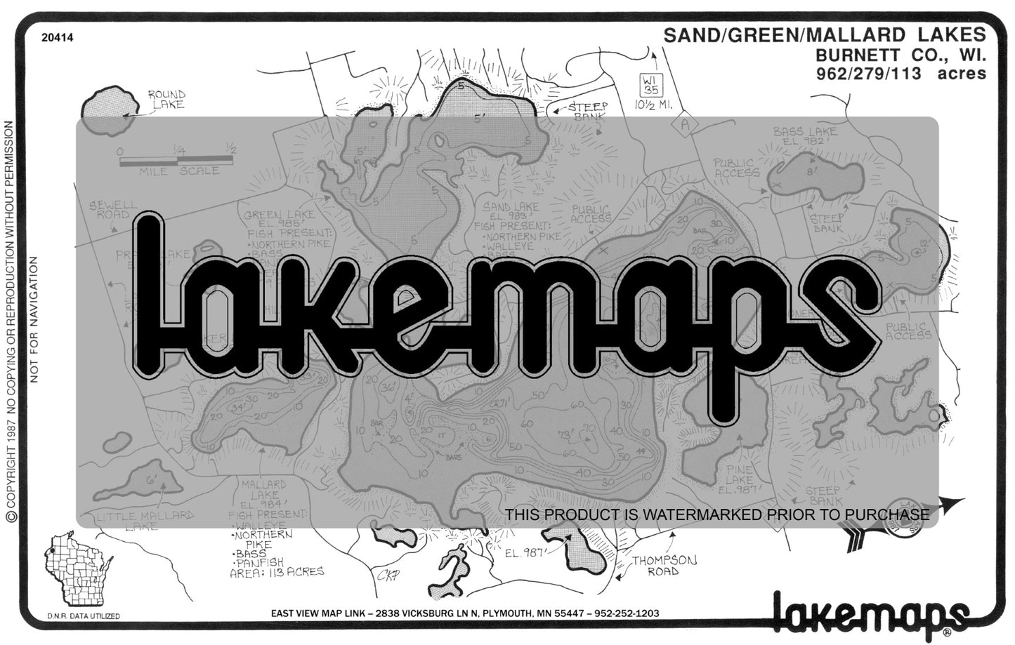 Burnett County, WI - SAND/ Green - Lakemap - 20414