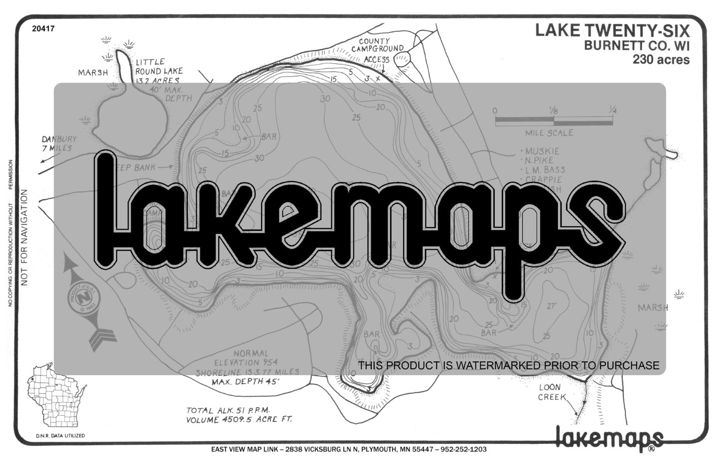 Burnett County, WI - TWENTY-SIX - Lakemap - 20417