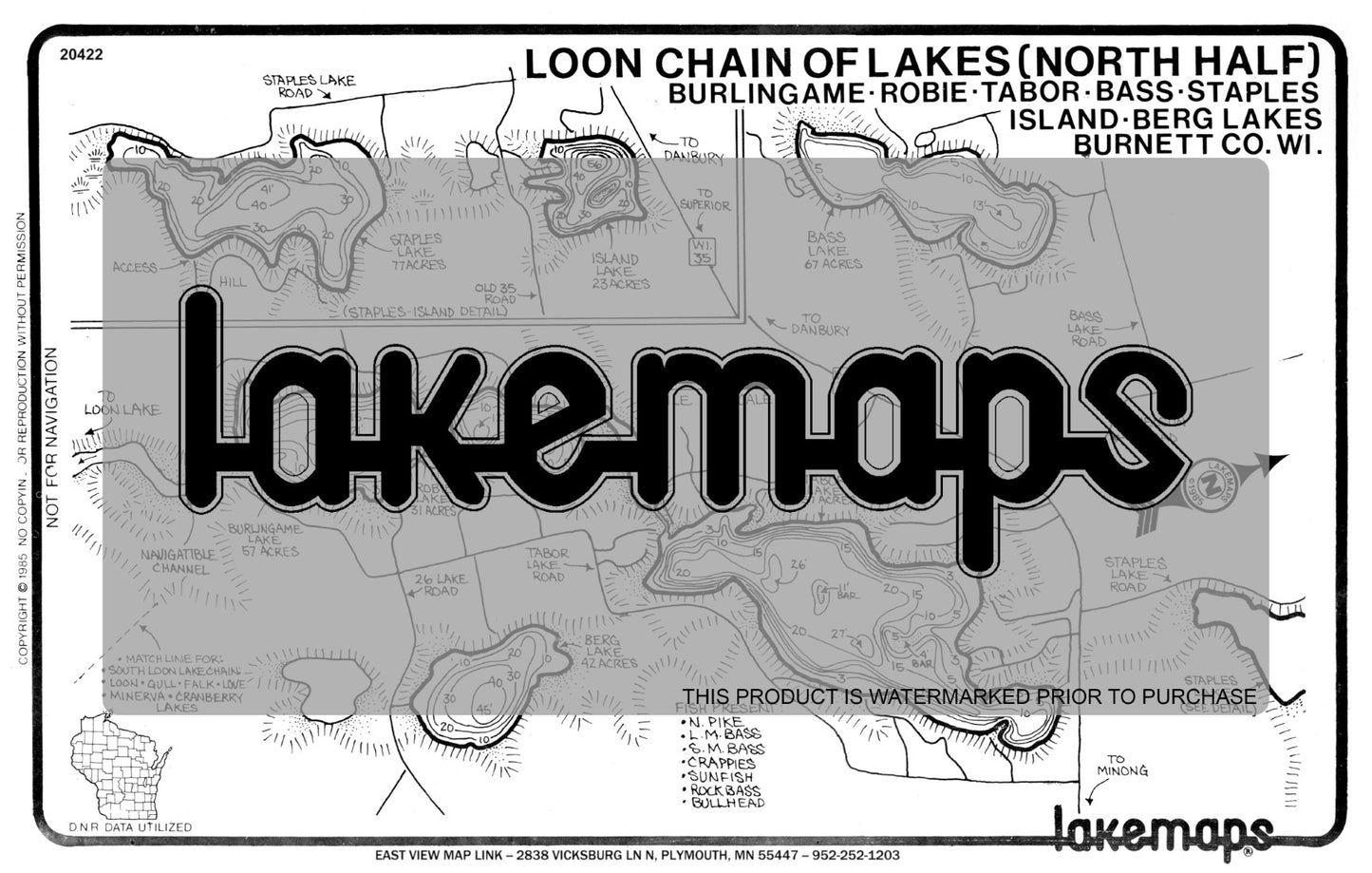 Burnett County, WI - Loon Lake Chain - Burlingame, Robie, Tabor - Lakemap - 20422