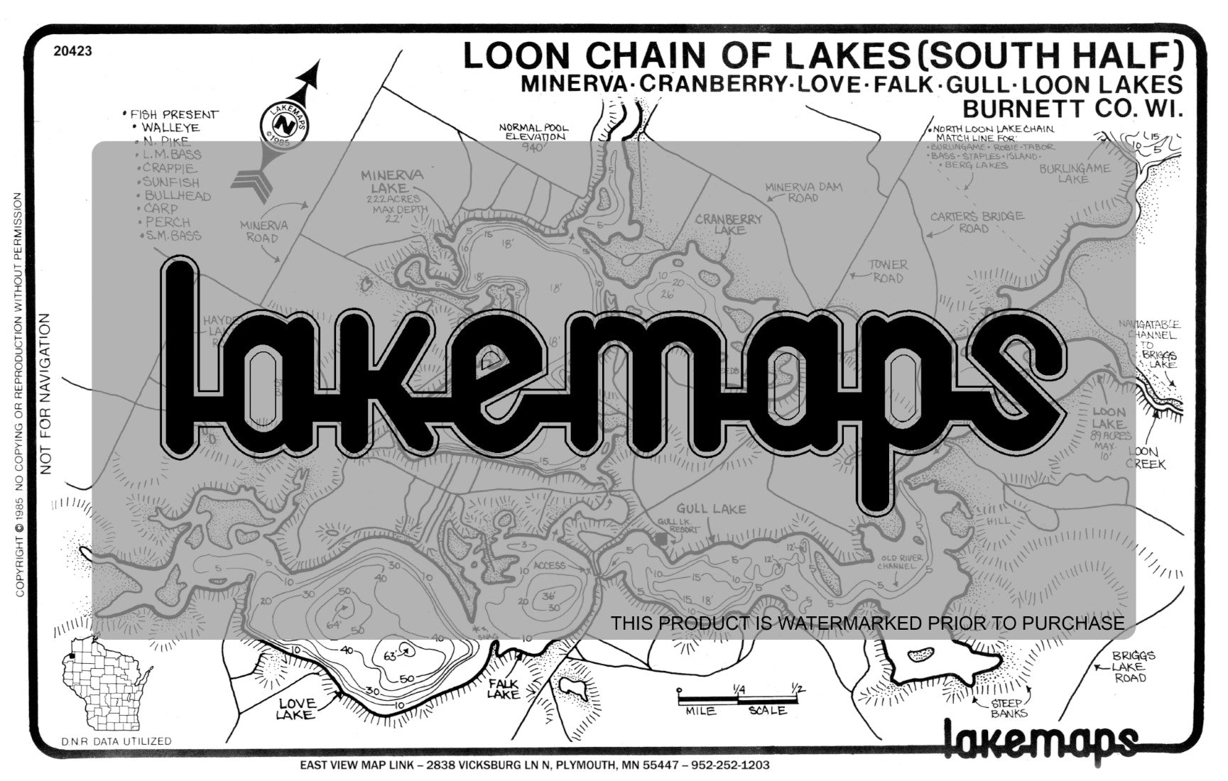 Burnett County, WI - Loon Lake Chain - Minerva, Falk, Love,  Gull - Lakemap - 20423