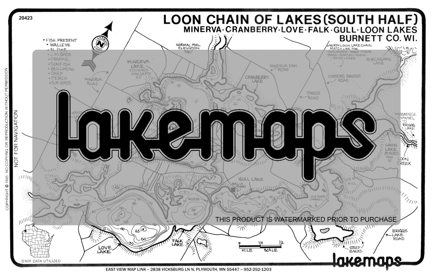 Burnett County, WI - Loon Lake Chain - Minerva, Falk, Love,  Gull - Lakemap - 20423