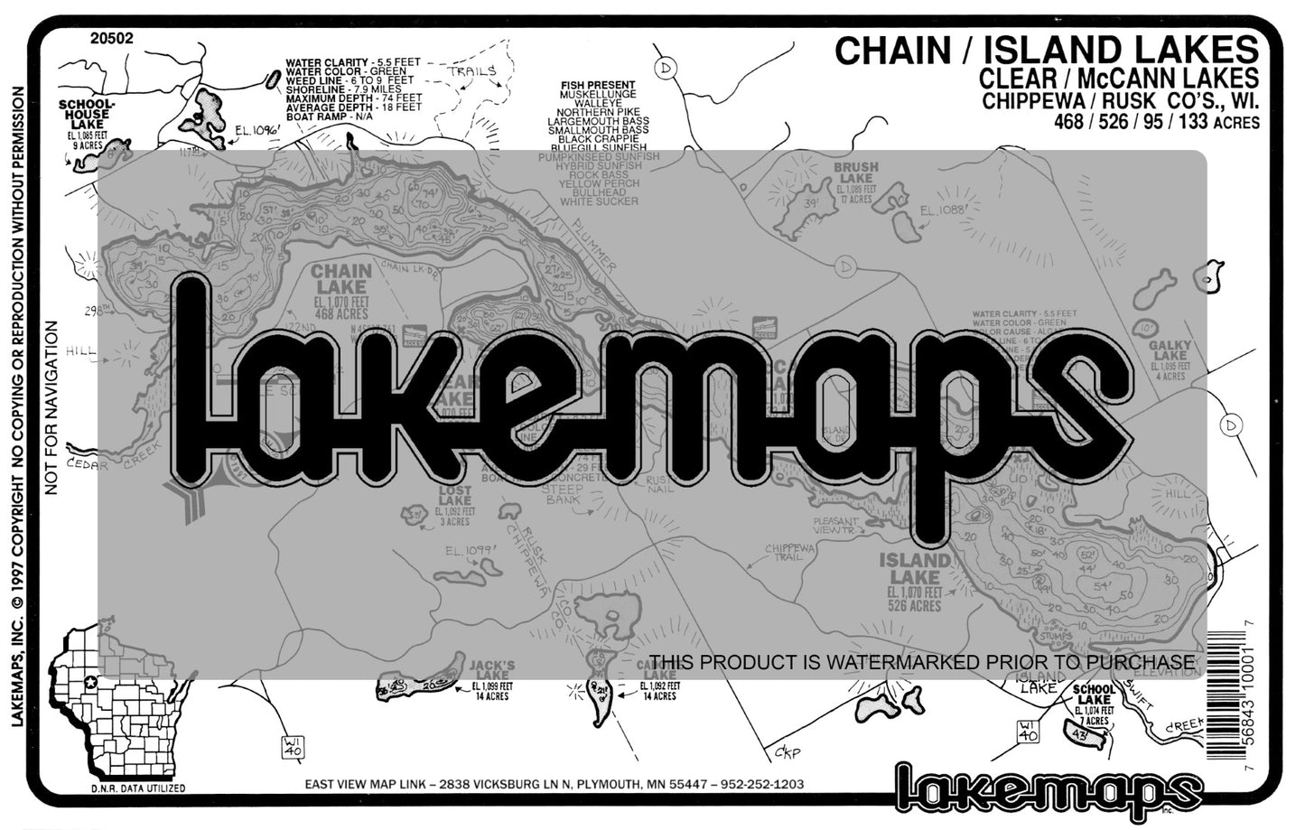 Chippewa County, WI - CHAIN / Clear / Island - Lakemap - 20502