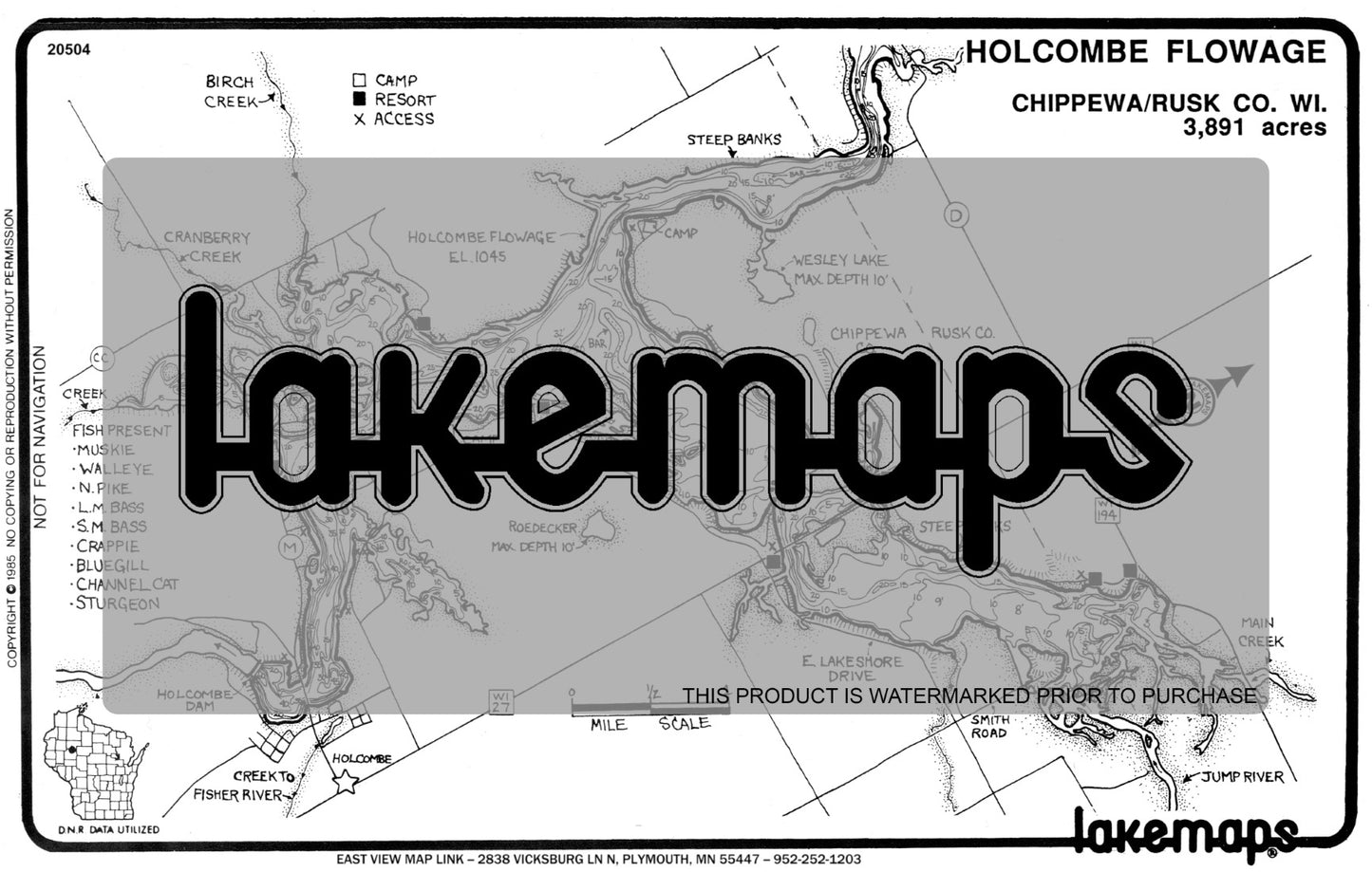 Chippewa County, WI - HOLCOMBE FLOWAGE - Lakemap - 20504