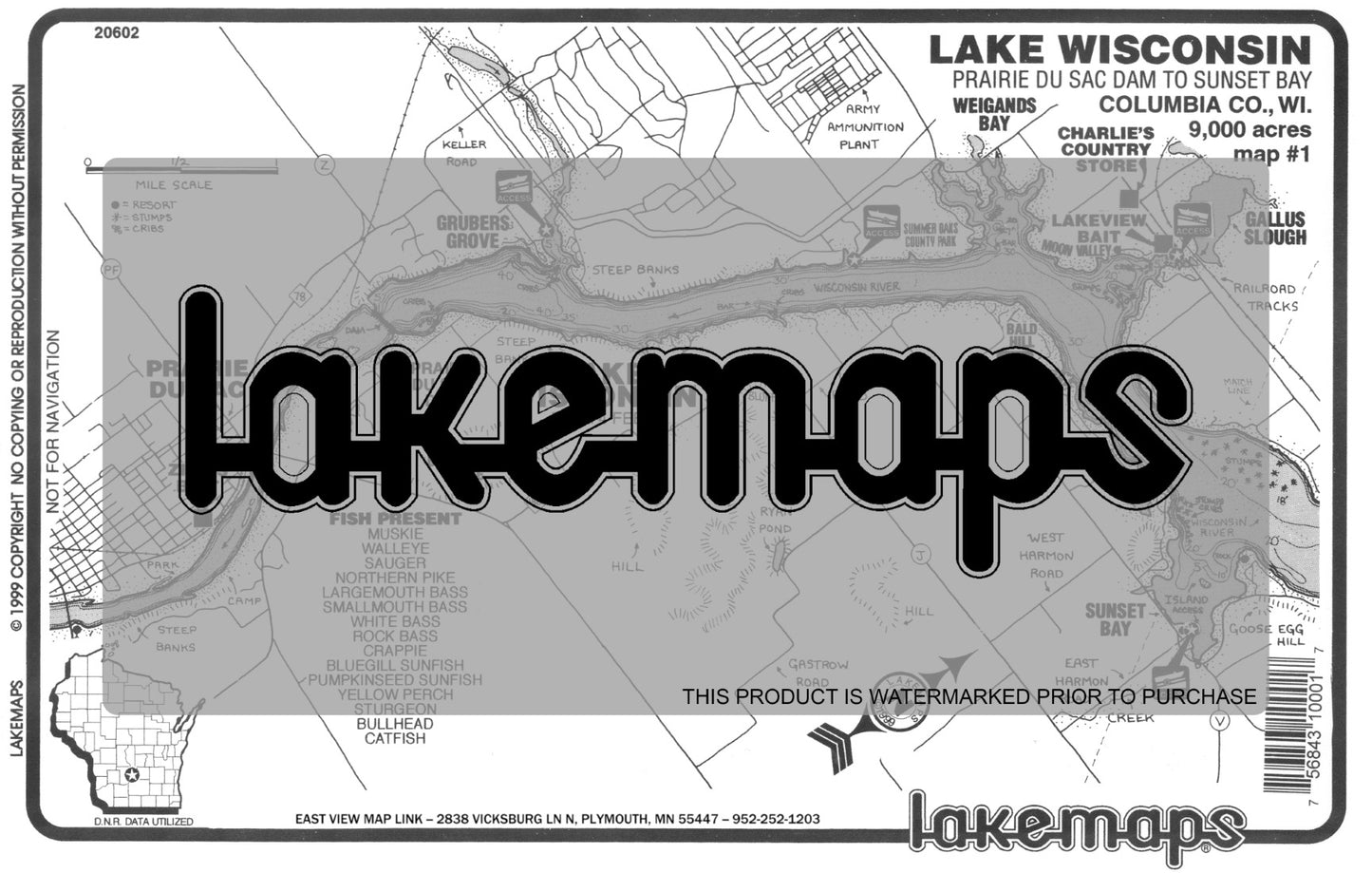 Columbia County, WI - Lake Wisconsin - Map #1 -Dam to Sunset Bay - Lakemap - 20602