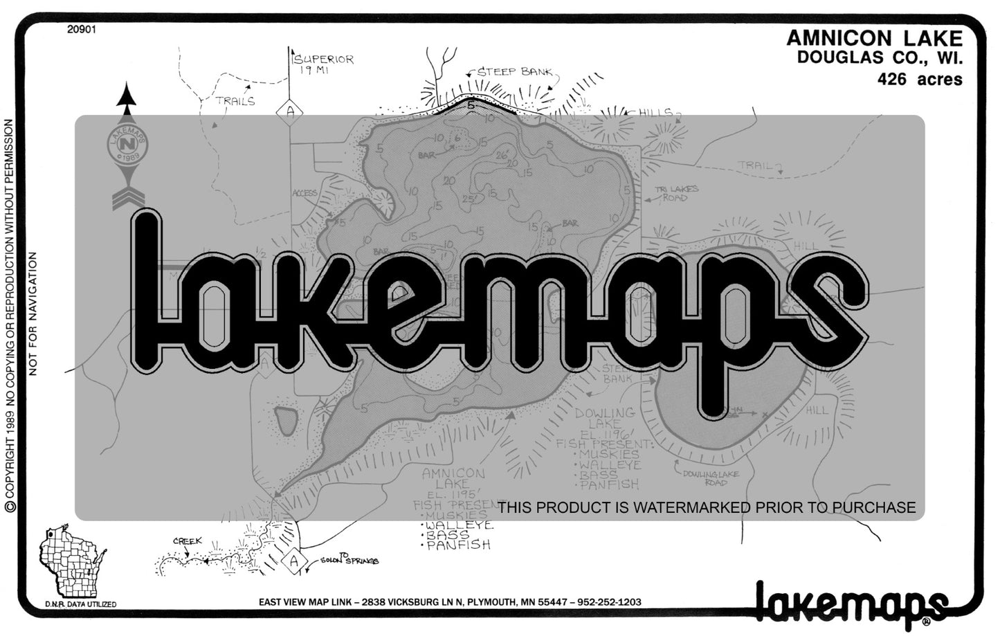 Douglas County, WI - AMNICON/ Dowling - Lakemap - 20901