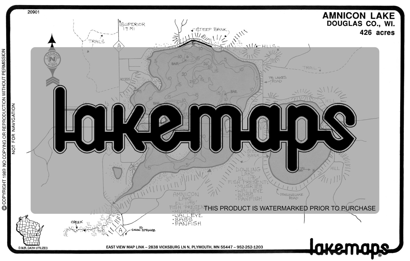Douglas County, WI - AMNICON/ Dowling - Lakemap - 20901