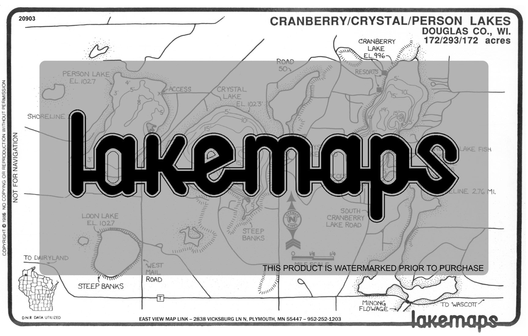 Douglas County, WI - CRYSTAL/Cranberry - Lakemap - 20903