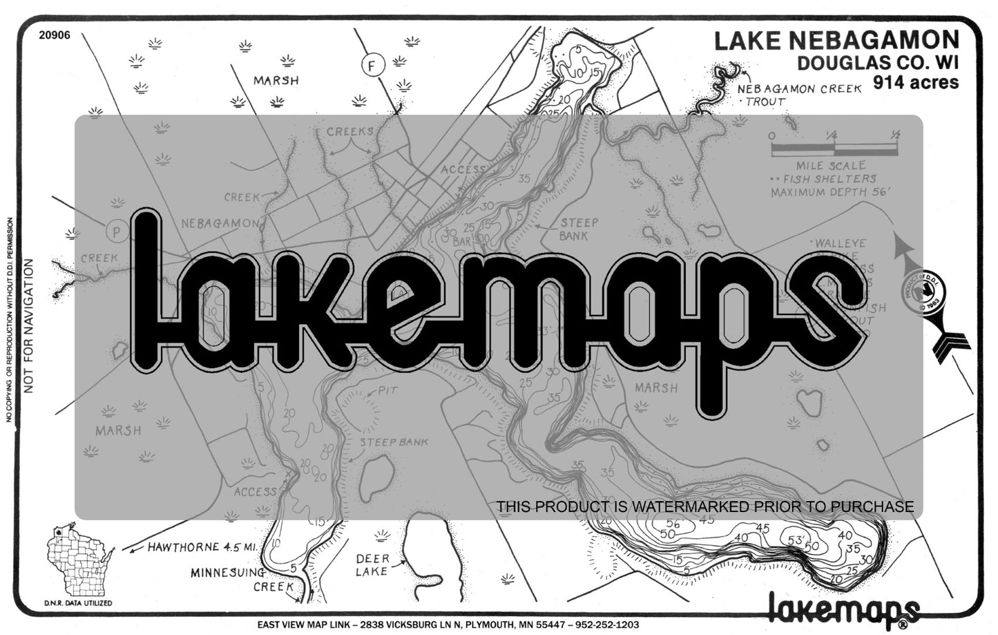 Douglas County, WI - NEBAGAMON - Lakemap - 20906