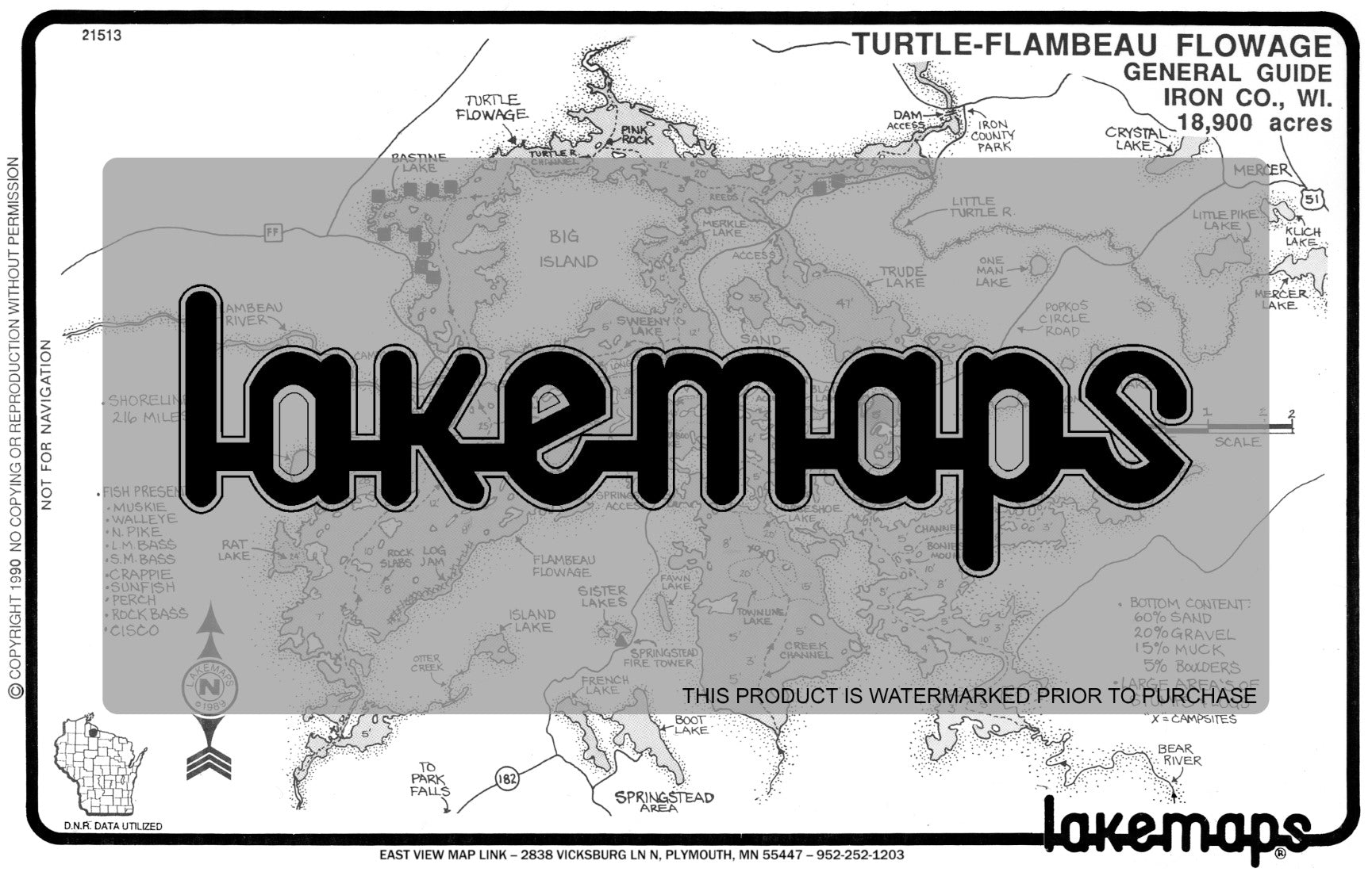 Iron County, WI - TURTLE-FLAMBEAU Gen. Guide - Lakemap - 21513