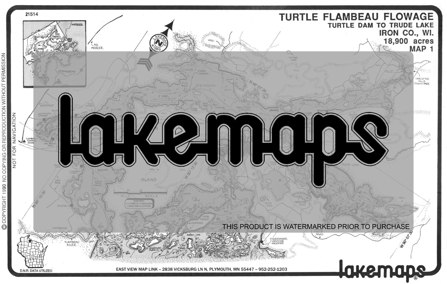 Iron County, WI - TURTLE-FLOW. -Dam to Trude Lk - Lakemap - 21514
