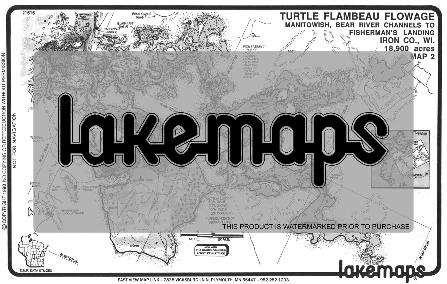 Iron County, WI - TURTLE-FLAMBEAU -Bear R. - Lakemap - 21515