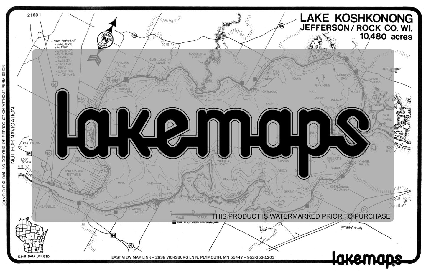 Jefferson County, WI - KOSHKONONG - Lakemap - 21601