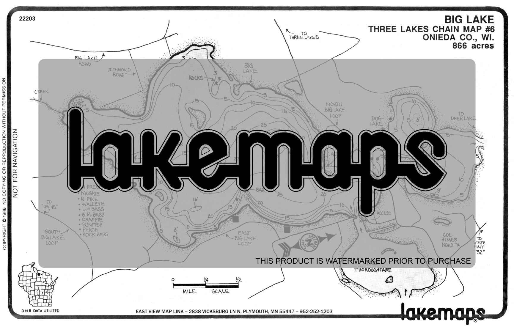 Oneida County, WI - BIG - Lakemap - 22203