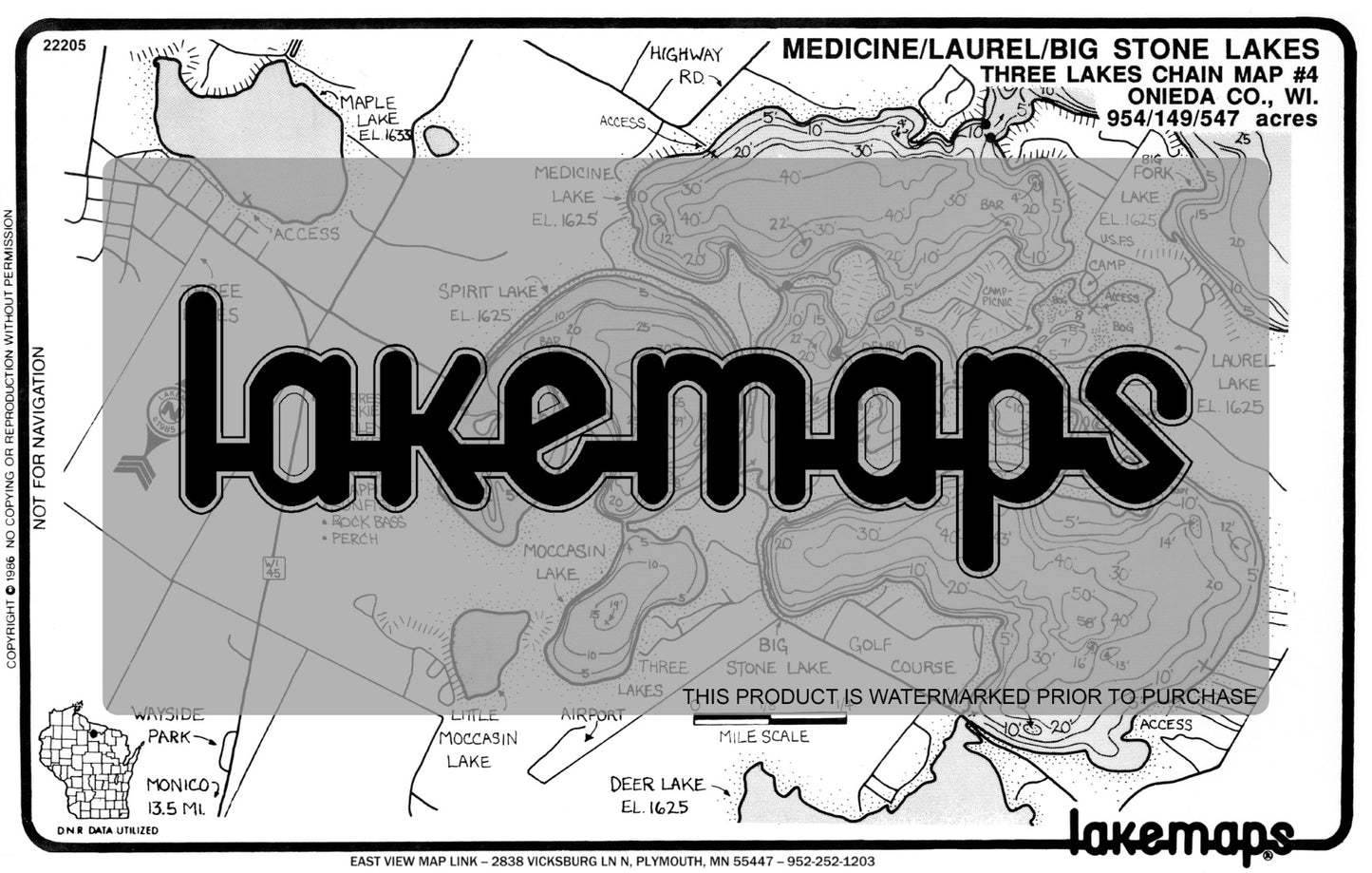 Oneida County, WI - BIG STONE/Medicine/Spirit - Lakemap - 22205