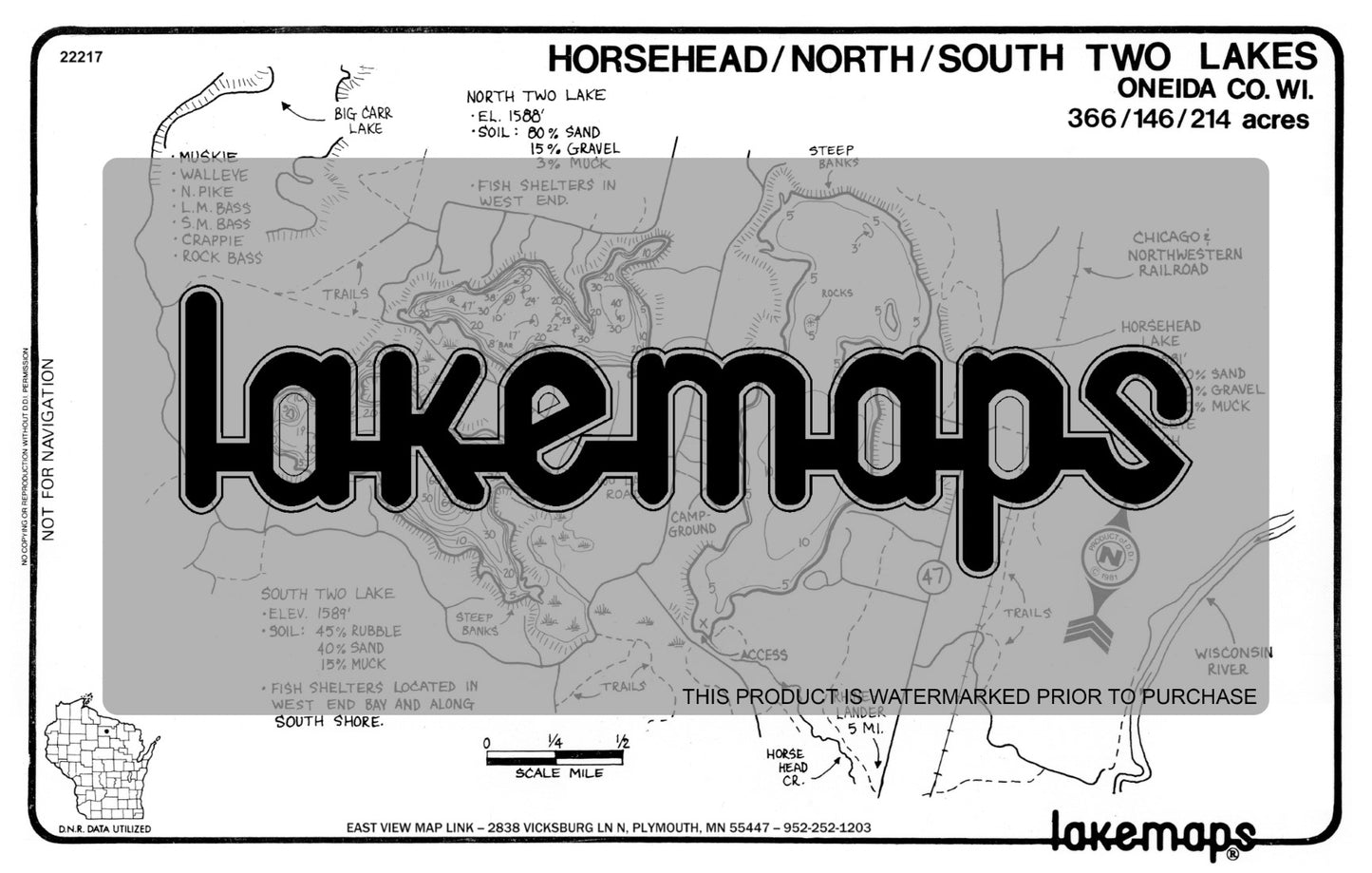 Oneida County, WI - HORSEHEAD/Two, No.& So. - Lakemap - 22217