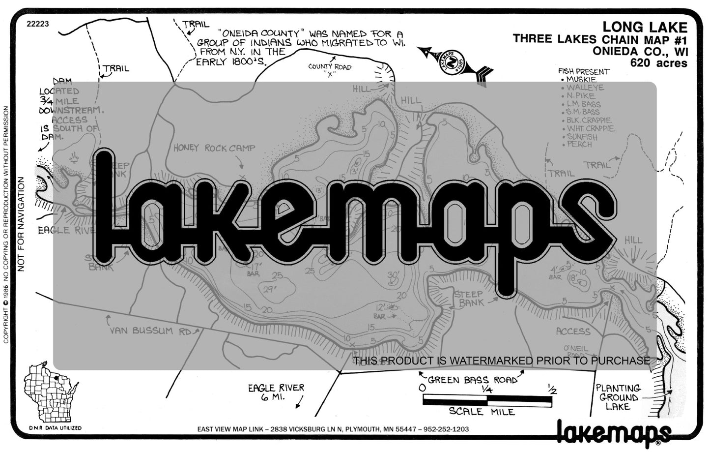 Oneida County, WI - LONG - Lakemap - 22223