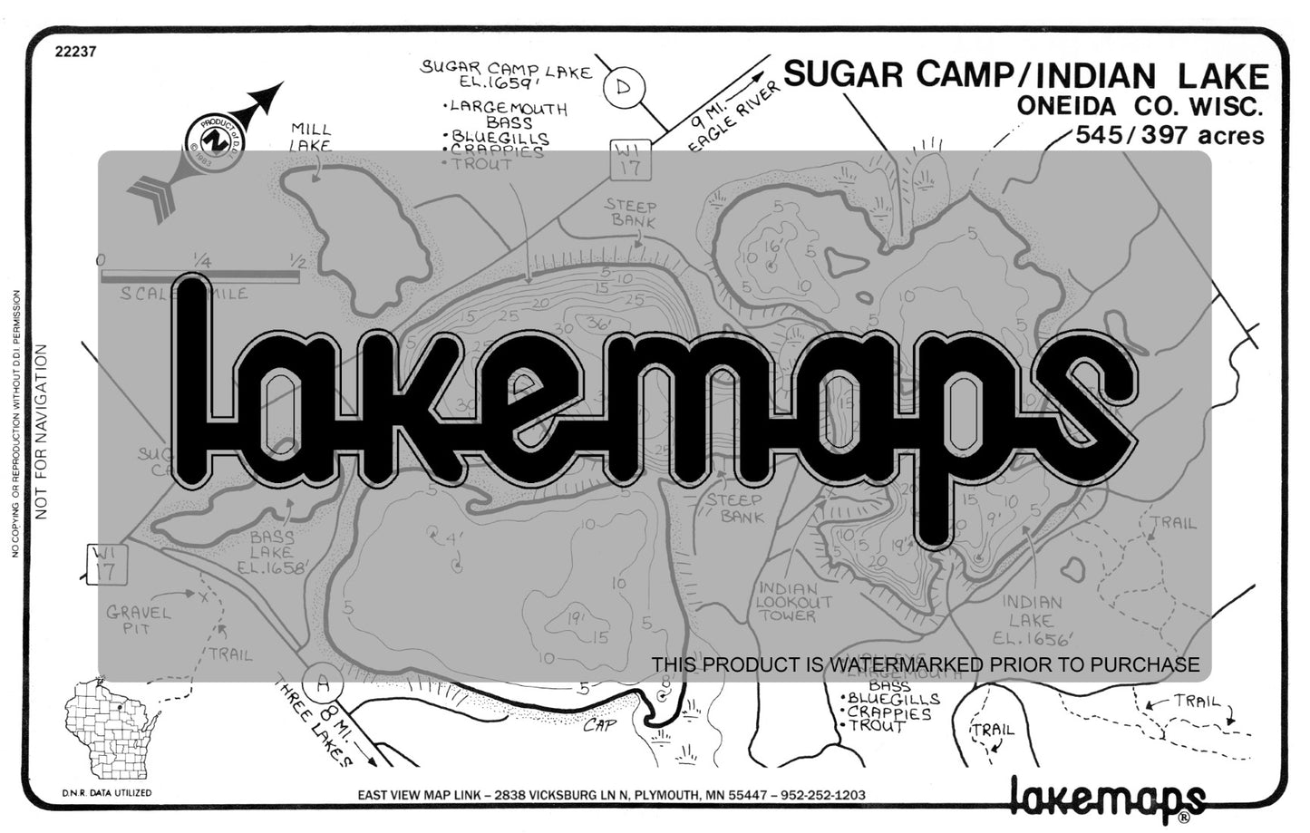 Oneida County, WI - SUGAR CAMP/Indian - Lakemap - 22237