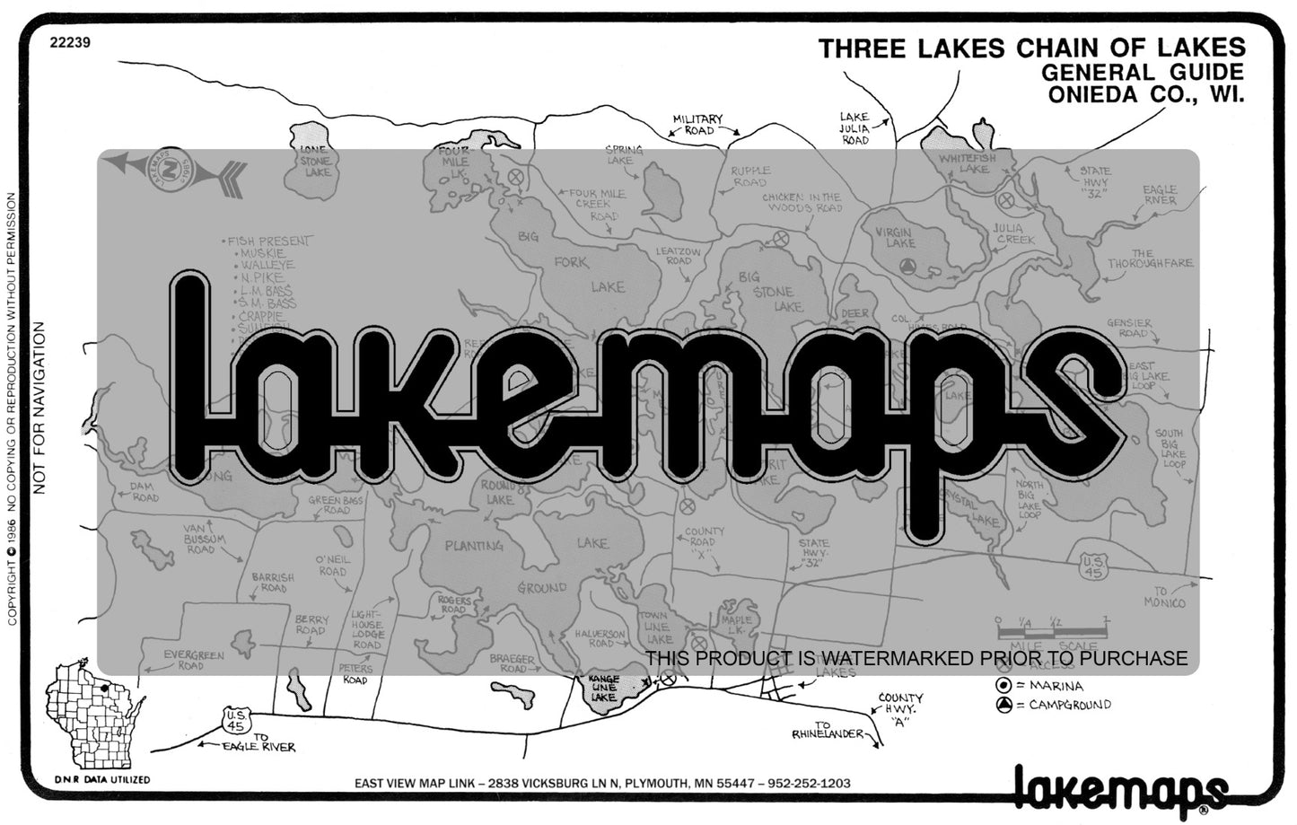 Oneida County, WI - THREE LAKES CHAIN(Gen.Guide) - Lakemap - 22239