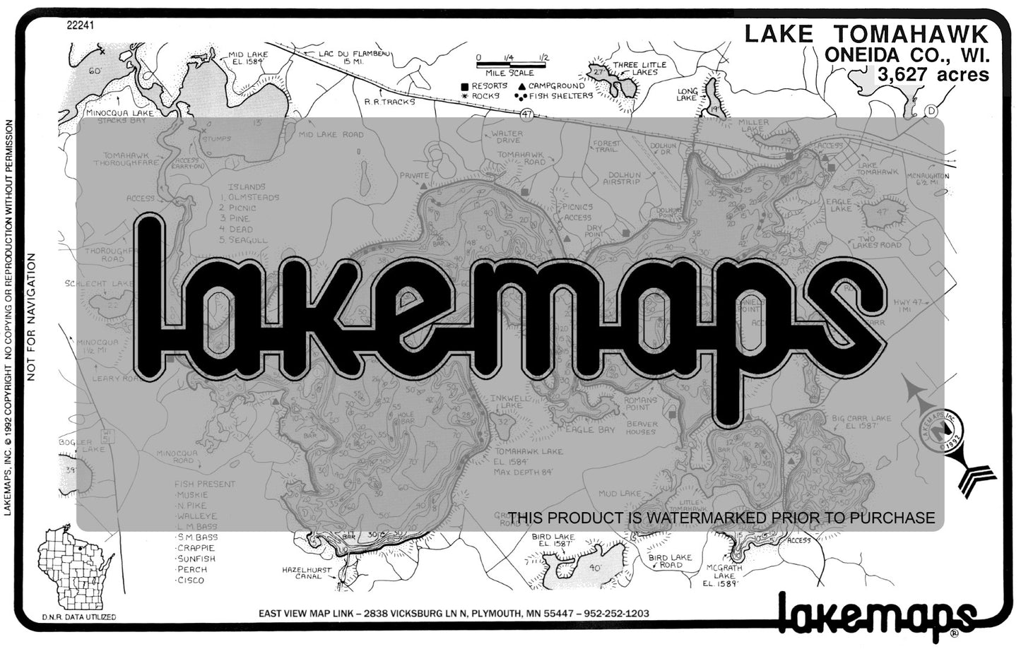 Oneida County, WI - TOMAHAWK / L. Tomahawk / Carr, Big & Little / Mud / McGrath - Lakemap - 22241