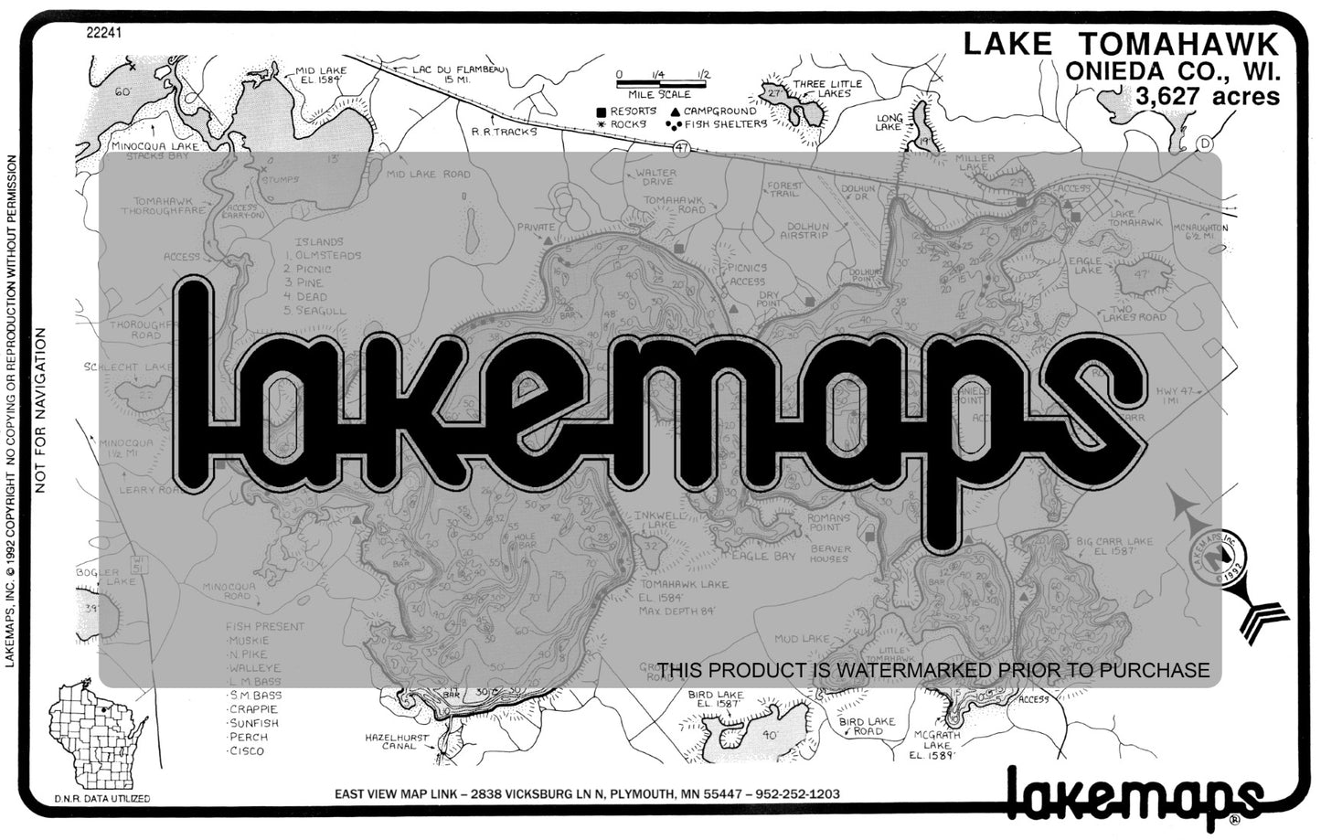 Oneida County, WI - TOMAHAWK - Lakemap - 22241