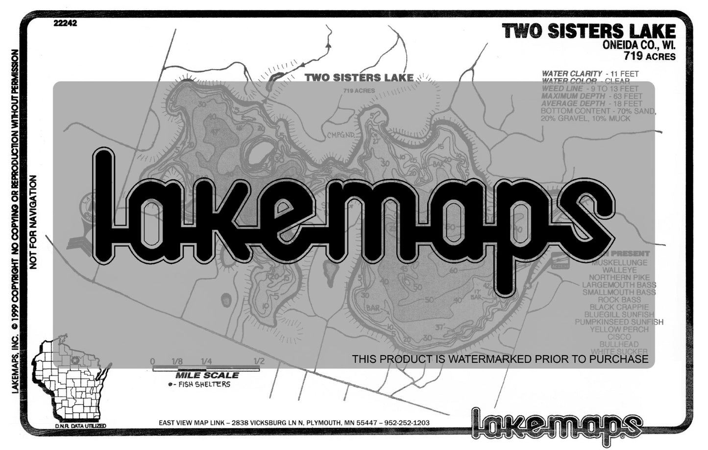 Oneida County, WI - TWO SISTERS - Lakemap - 22242