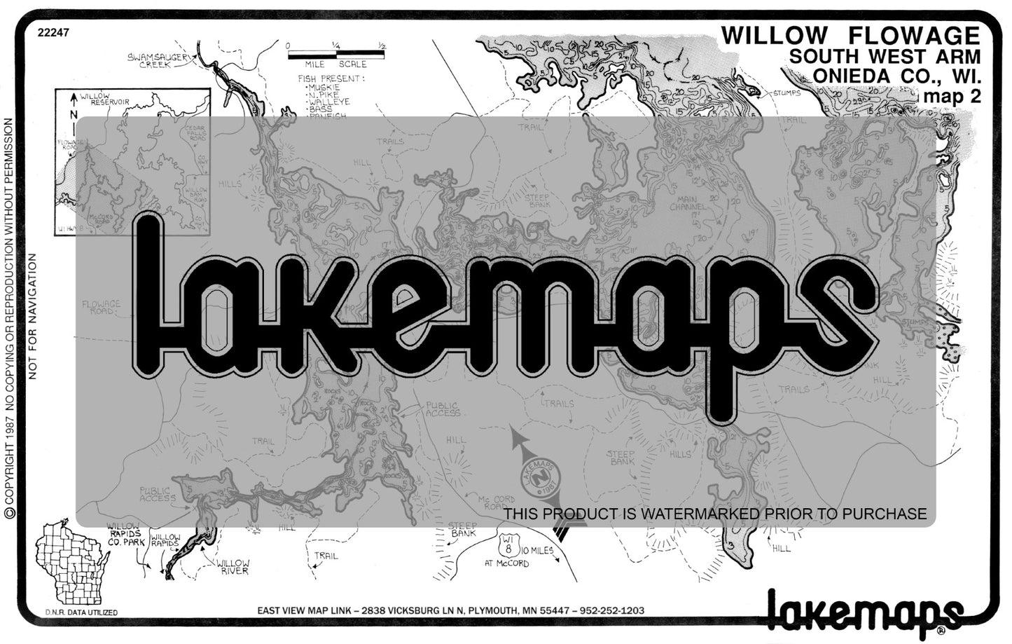 Oneida County, WI - Willow Flowage - South West Arm (Willow River) - Lakemap - 22247