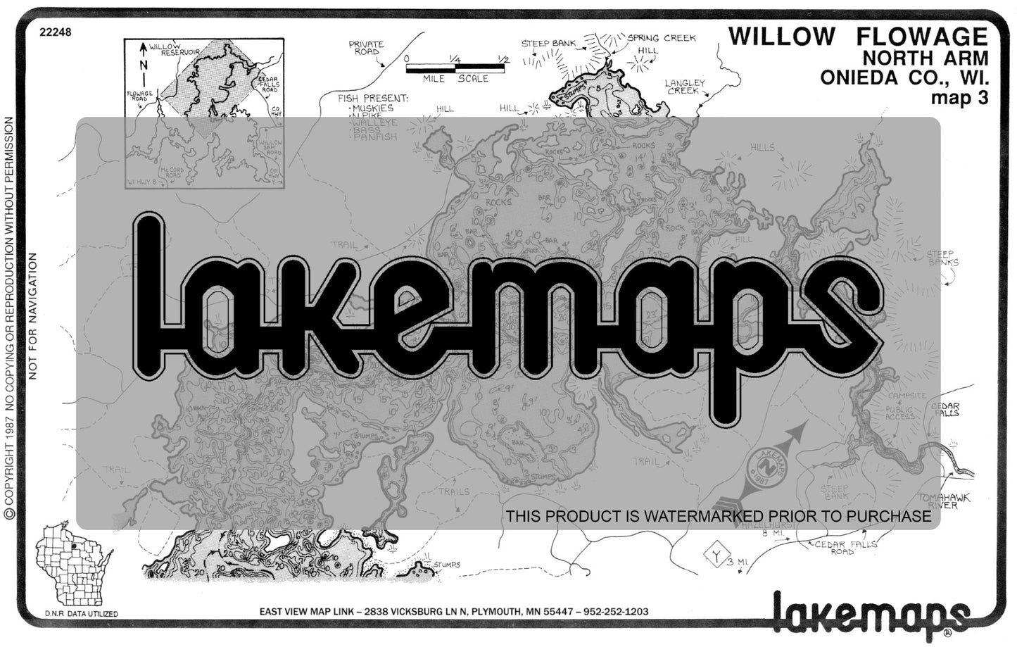 Oneida County, WI - Willow Flowage - North Arm (Tomahawk River) - Lakemap - 22248