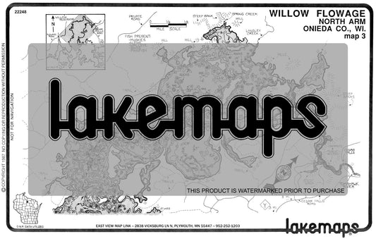 Oneida County, WI - Willow Flowage - North Arm (Tomahawk River) - Lakemap - 22248