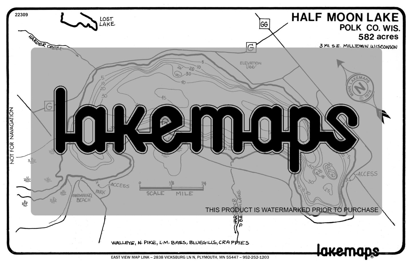 Polk County, WI - HALF MOON - Lakemap - 22309