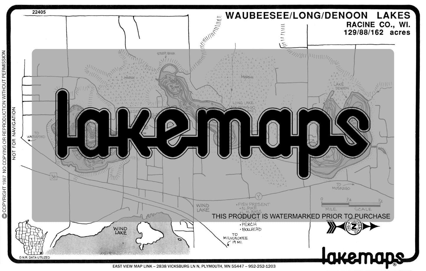 Racine County, WI - WAUBEESEE/Long/DeNoon - Lakemap - 22405