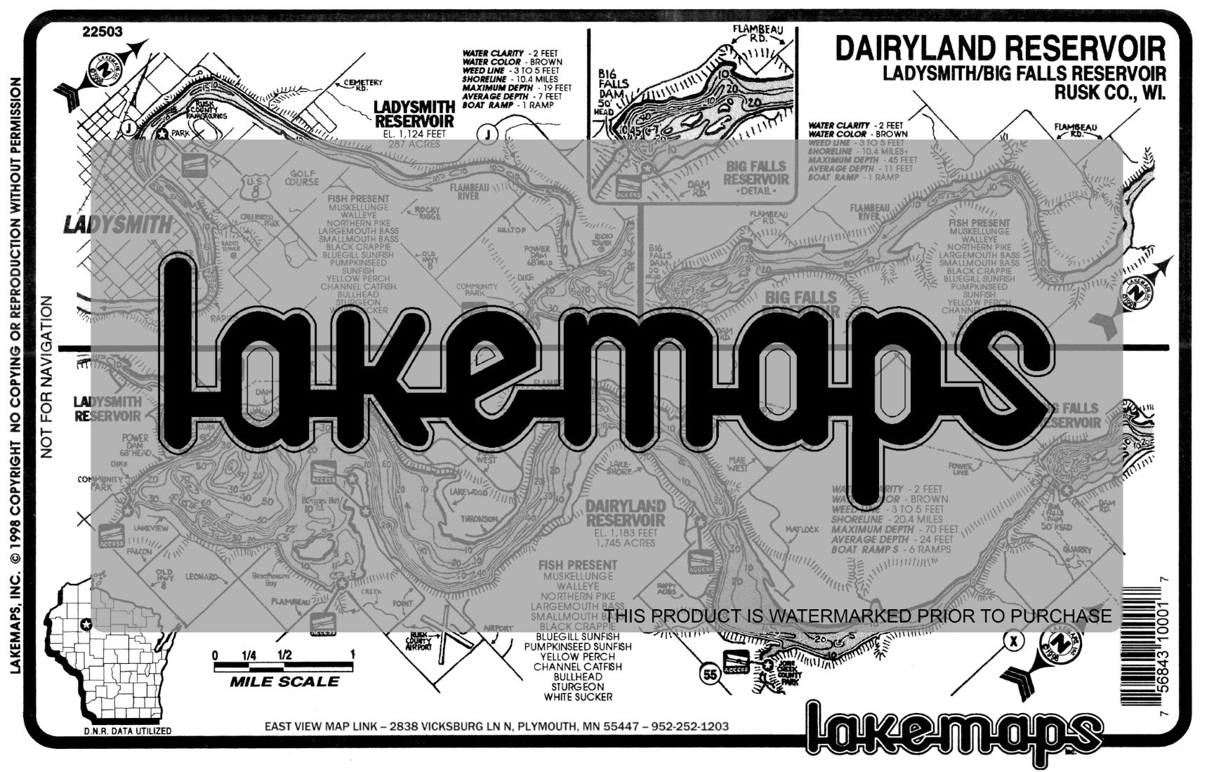 Rusk County, WI - DAIRYLAND RES./LADYSMITH - Lakemap - 22503