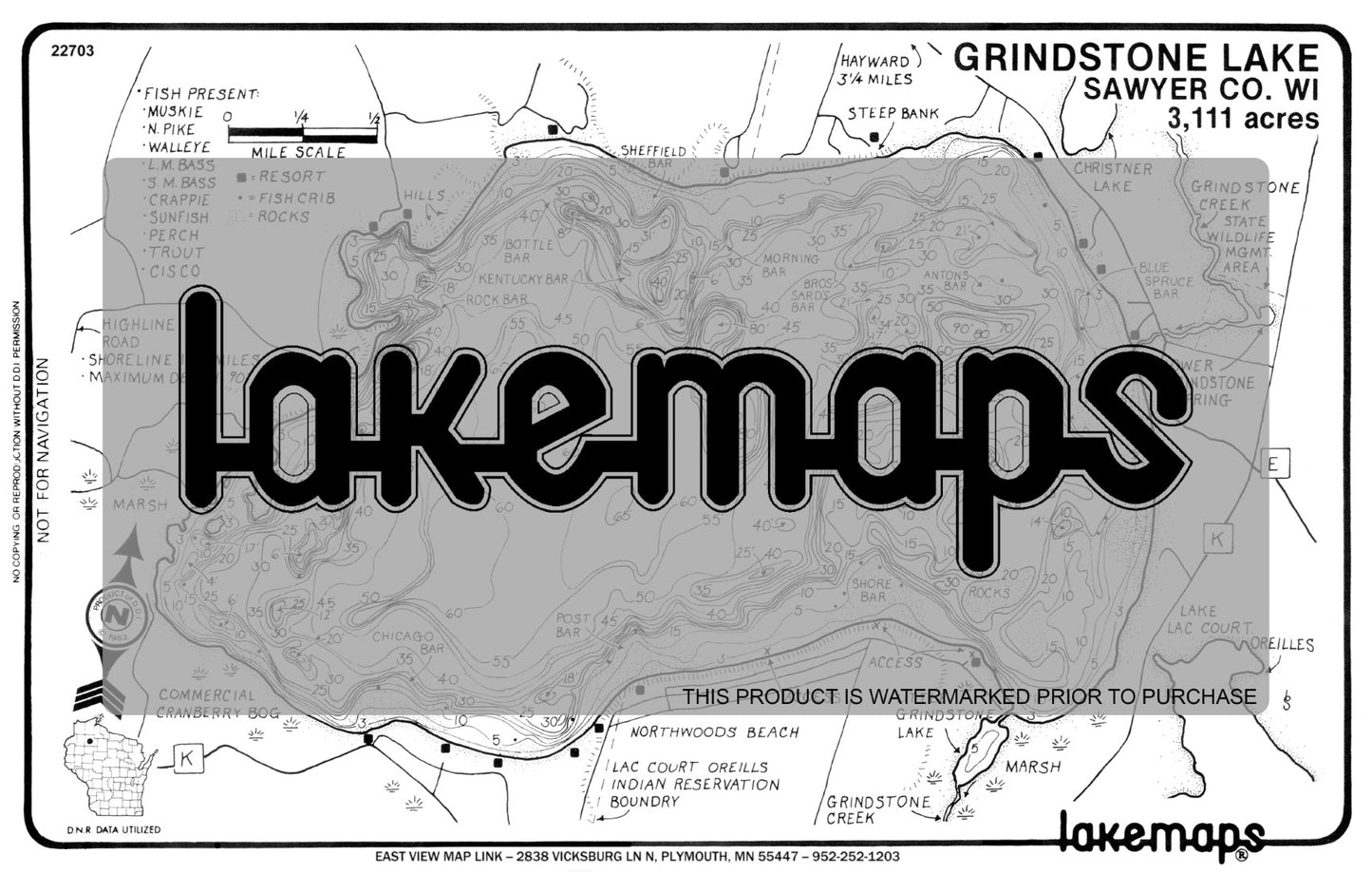 Sawyer County, WI - GRINDSTONE - Lakemap - 22703