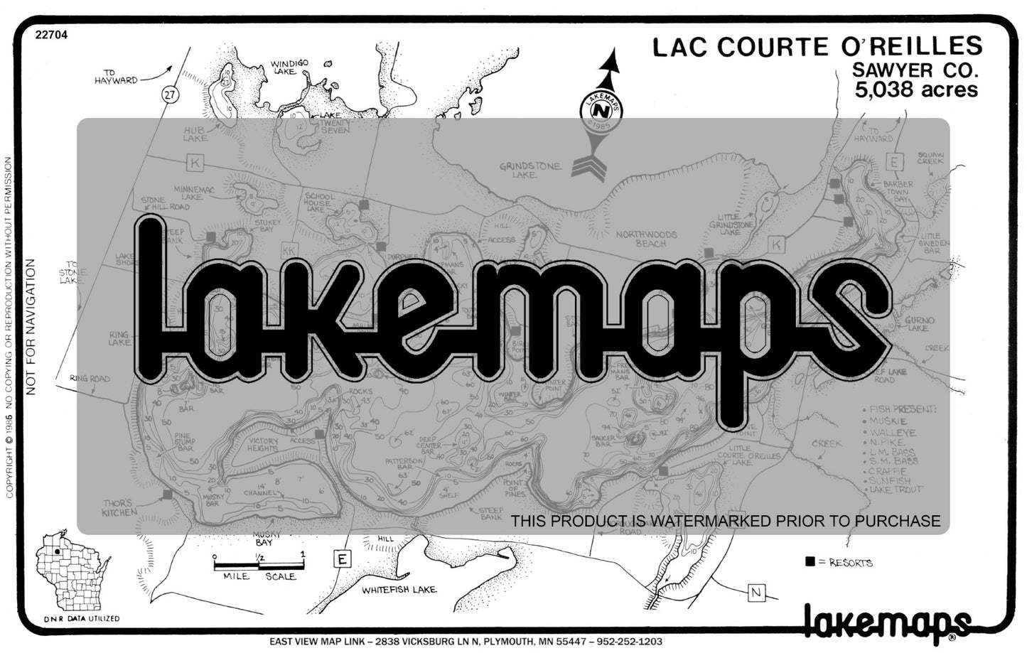 Sawyer County, WI - LAC COURTE O’REILLES - Lakemap - 22704