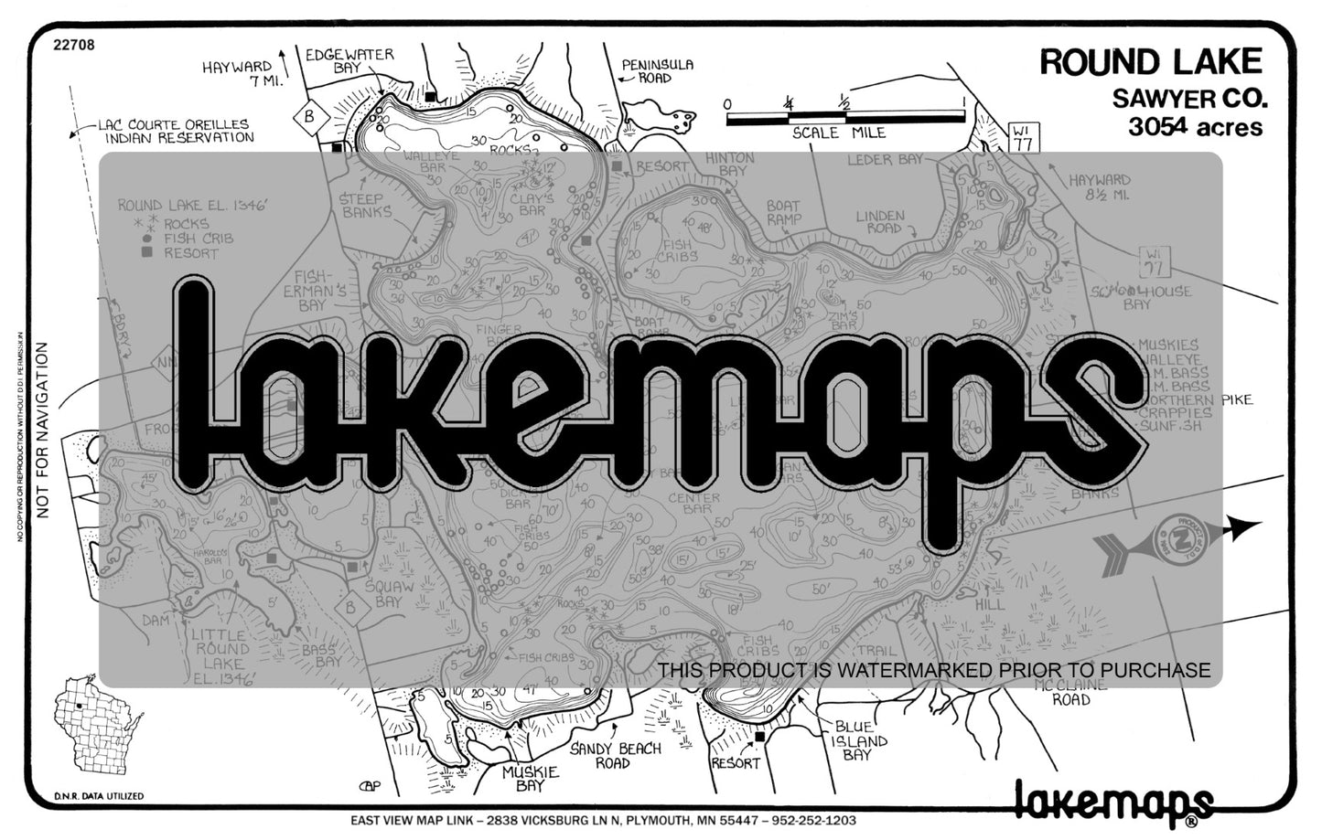 Sawyer County, WI - ROUND/Little Round - Lakemap - 22708