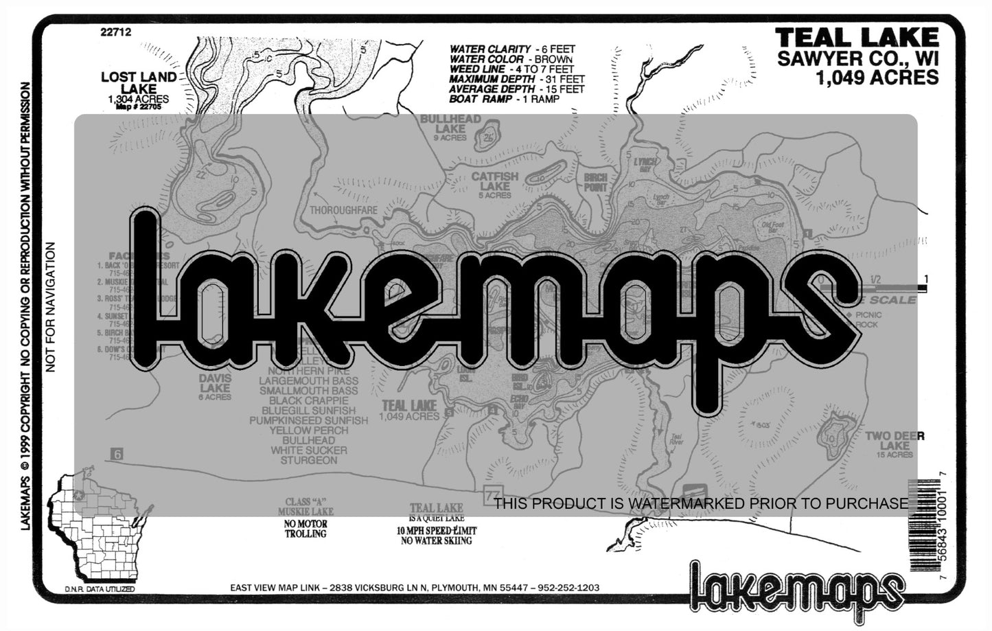 Sawyer County, WI - TEAL - Lakemap - 22712