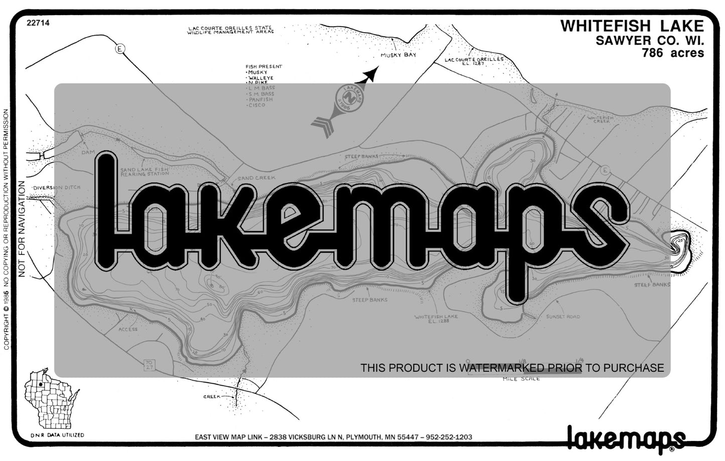 Sawyer County, WI - WHITEFISH - Lakemap - 22714