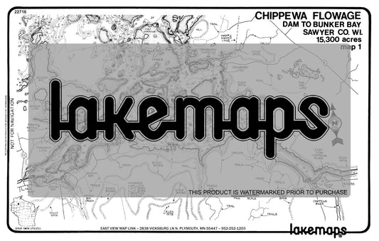 Sawyer County, WI - CHIPPEWA FLOWAGE - Map 1 - Dam to Big Timber Is. / Two Axe Lk - Lakemap - 22716