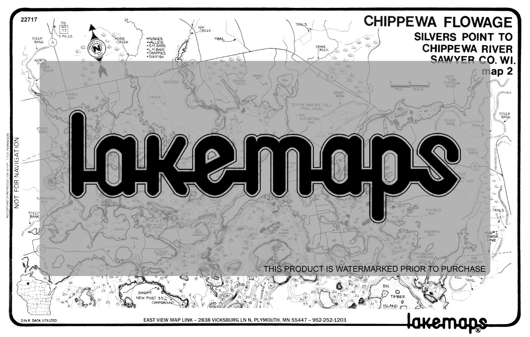 Sawyer County, WI - CHIPPEWA FLOWAGE - Map 2 - Big Timber Is. to Musky Bay / Goose Lk - Lakemap - 22717