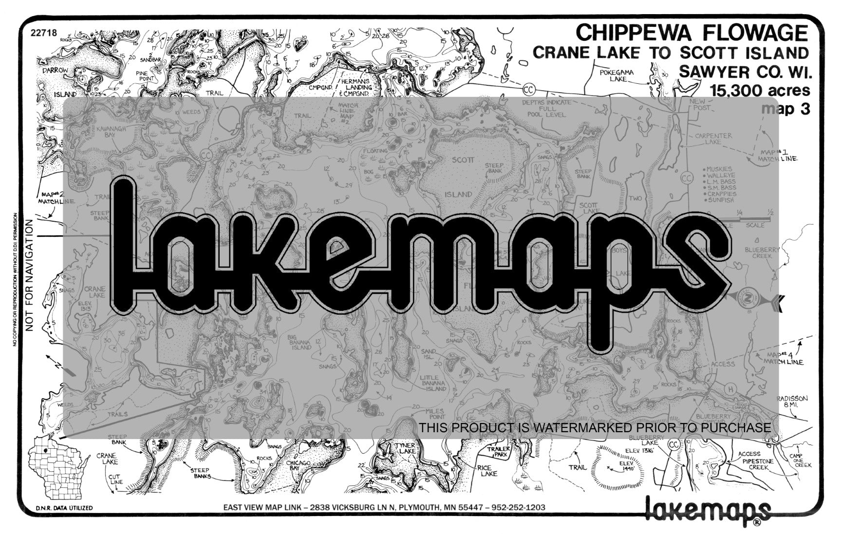 Sawyer County, WI - CHIPPEWA FLOWAGE - Map 3 - Herman's Lndg to Rice Lk / Crane Lk - Lakemap - 22718
