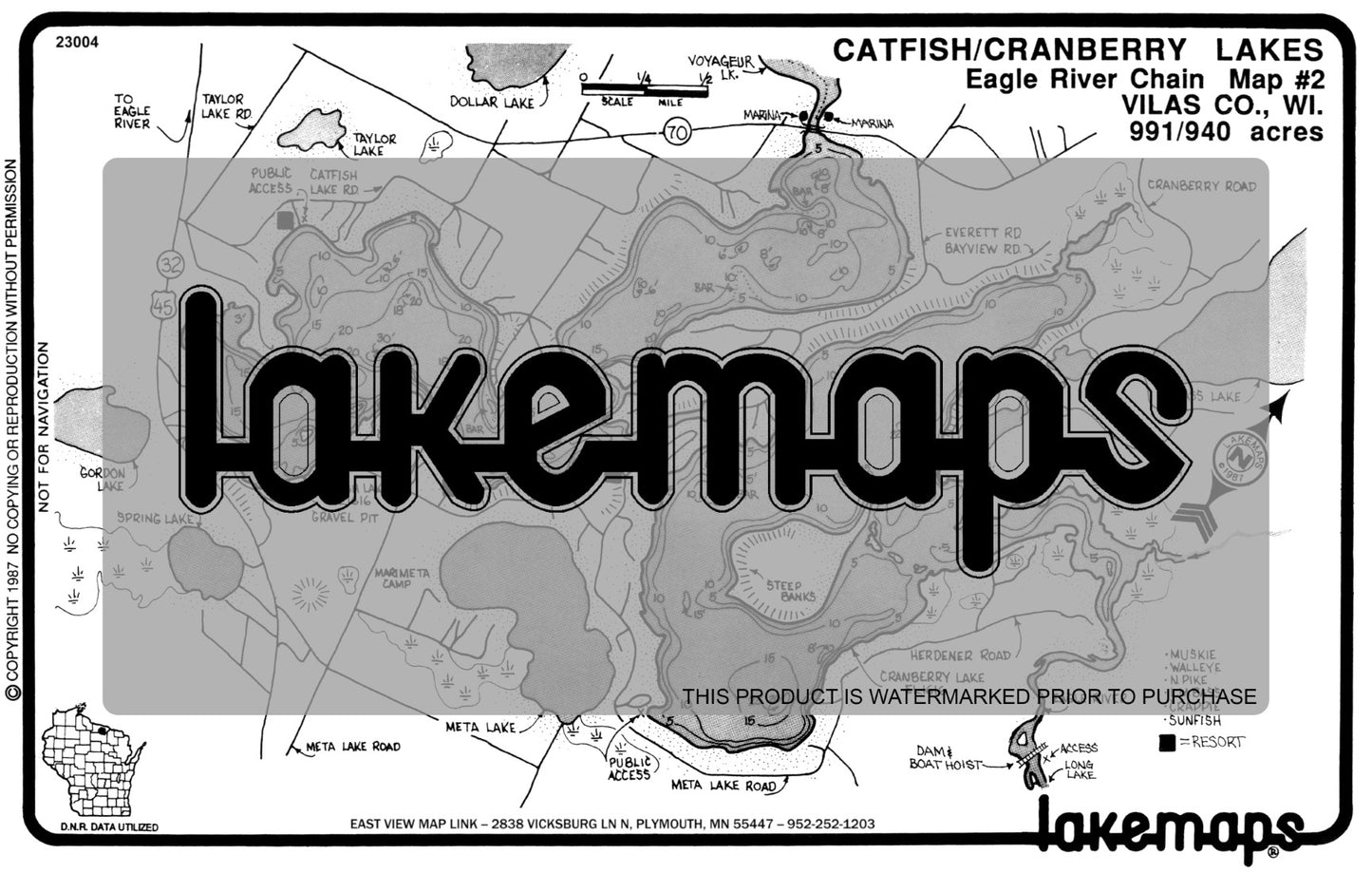 Vilas County, WI - Eagle R. Chain - Catfish/cranberry/voyager - Lakemap - 23004