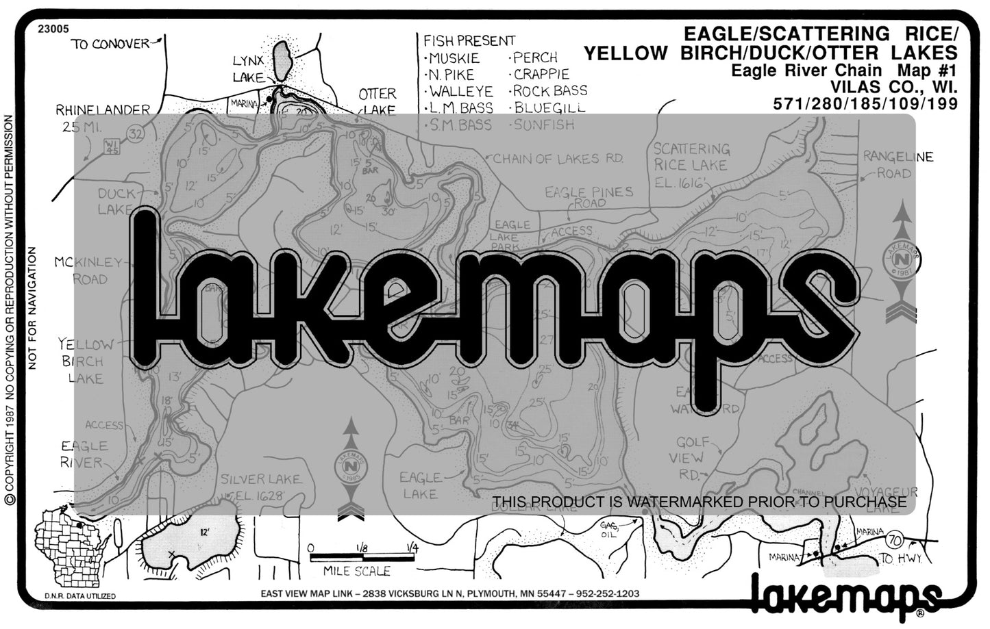 Vilas County, WI - Eagle R. Chain - Eagle/yellow Birch/scattering Rice - Lakemap - 23005